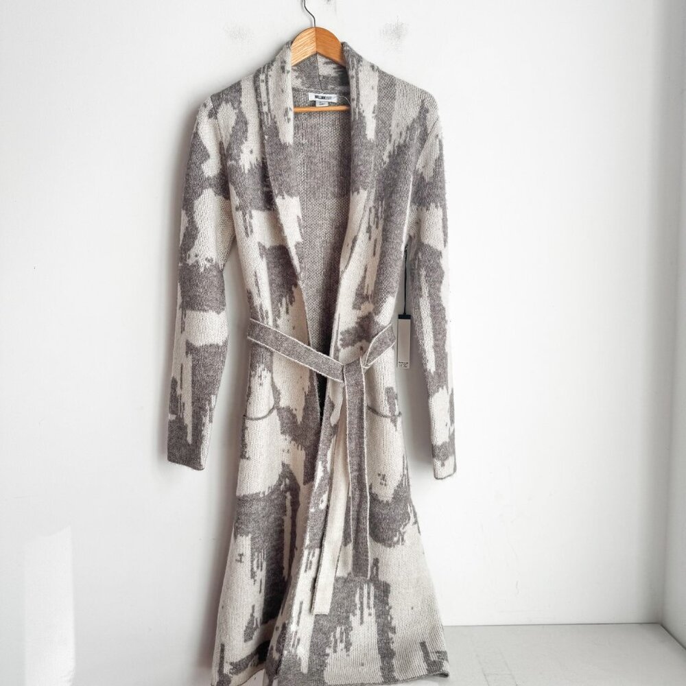 William Rast Gray and Cream Long Knit Belted Cardigan